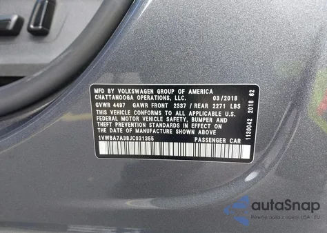 2018 Volkswagen Passat 2.0T Se из США, поврежденный, VIN 1VWBA7A38JC031355